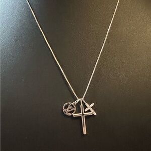 Elegant Double Silver Cross Pendant Upcycled Necklace with Authentic LV charm